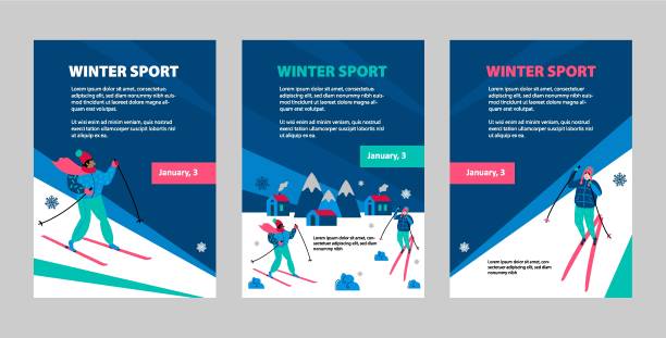 illustrazioni stock, clip art, cartoni animati e icone di tendenza di set di poster per lo sci degli sport invernali. sciatore in movimento e escursioni invernali. modello sportivo di volantino, riviste, banner. concetto di invito allo stile di vita attivo. illustrazione di cartoni animati vettoriali piatti. - sign hiking north sport symbol