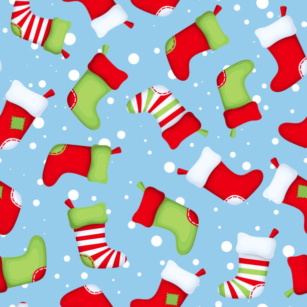 Seamless pattern with Christmas socks. Vector illustration. Vector seamless pattern with colorful Christmas socks on a blue background. christmas stocking background stock illustrations