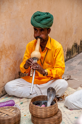 Amber, Jaipur, Rajasthan - oct 25,2011 : a snake charmer plays his flute while the cobra rises from the basket in Amber