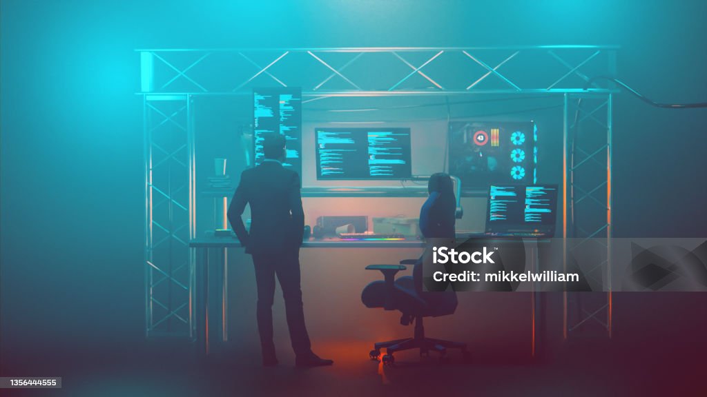 Cinematic Lit Room With Large Computer Setup Showing Code Or Text On ...