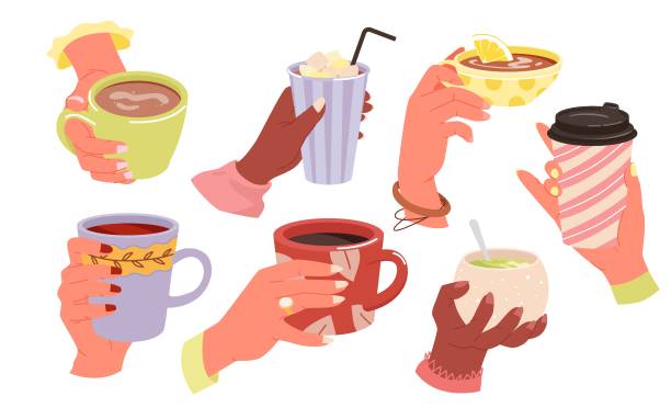 illustrazioni stock, clip art, cartoni animati e icone di tendenza di stampare - coffee hand woman