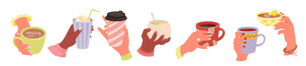 暖かい飲み物のマグカップ、朝のエスプレッソやチョコレートを持つ漫画の手、白で孤立したマシュマロ。手はコーヒーやティーカップセットを握り、カフェを持つ人々は熱い飲み物ベクト� - hot chocolate coffee isolated on white cup点のイラスト素材／クリップアート素材／マンガ素材／アイコン素材