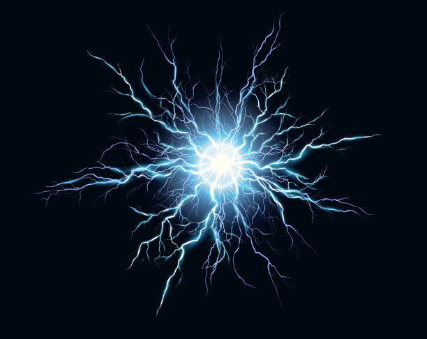 electric ball lightning vector illustration, abstract electricity blast storm or thunderbolt in dark sky, flash light thunder spark background - kıvılcım stock illustrations