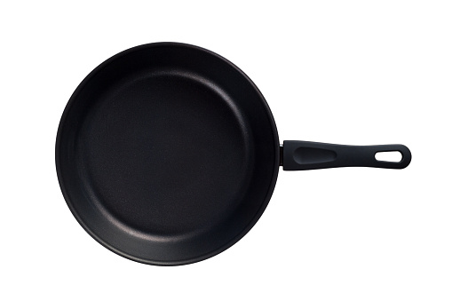 Metal frying pan with non-polar coating, Teflon, ceramic coating, for induction electric stoves, isolated on a white background, top view