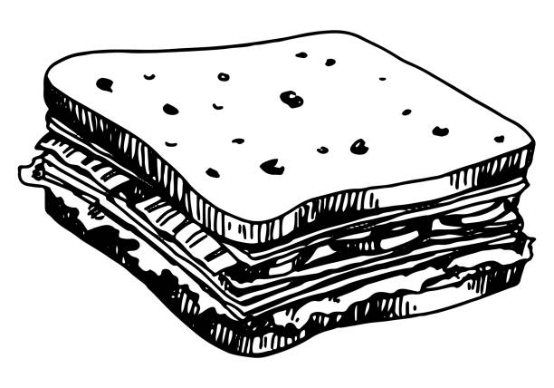 ilustraciones, imágenes clip art, dibujos animados e iconos de stock de boceto de sándwich. ilustración vectorial dibujada a mano en estilo retro. garabato único de comida rápida. clipart de contorno aislado sobre fondo blanco. - sandwich ham white background lunch