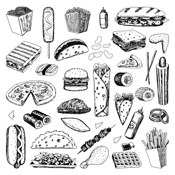 Set of fast food sketches. Collection of varied delicious food. Hand drawn vector illustration in retro style. Outline cliparts isolated on white background. Set of fast food sketches. Collection of varied delicious food. Hand drawn vector illustration in retro style. Outline cliparts isolated on white background. waffle vector stock illustrations