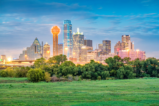 Skyline of downtown Dallas Texas USA with green park.
