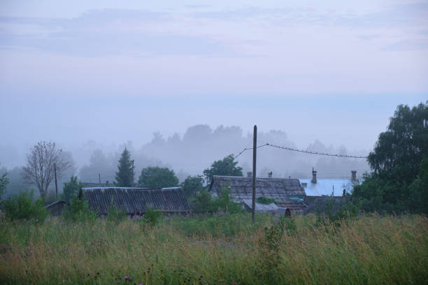 paesaggio del villaggio nella nebbia, vecchie case di legno e giardini - izba foto e immagini stock