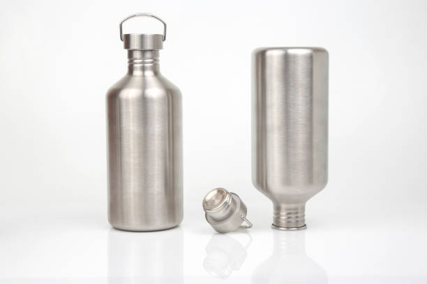 istock Steel flasks for water and drinks on a white background. Survival hiking gear 1356452581