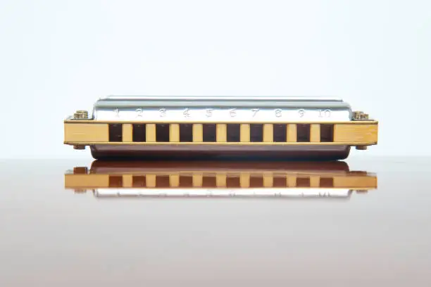 Photo of The harmonica lies on a mirrored surface. Classical musical wind instrument.