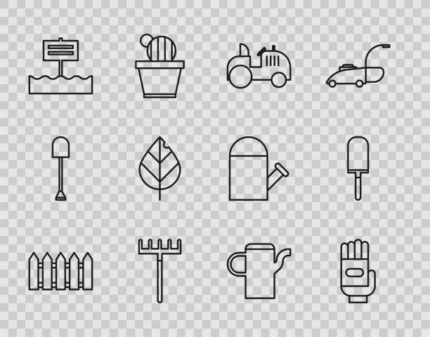 Set line Garden fence wooden, gloves, Tractor, rake, Blank sign board, Leaf, Watering can and trowel spade shovel icon. Vector Set line Garden fence wooden gloves Tractor rake Blank sign board Leaf Watering can and trowel spade shovel icon. Vector. lawn mower clip art stock illustrations