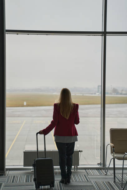 istock Person with suitcase staring at airport runway through terminal window 1356455090