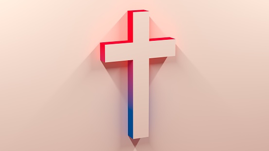 Sweet Dove Cream Lights And Shadows Cross Jesus Christianity Symbol 3D Rendering With Red And Blue Gradient On The Side Stick To The Wall