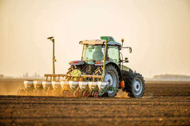 istock Tractor drilling seeding crops at farm field. Agricultural activity. 1356457823
