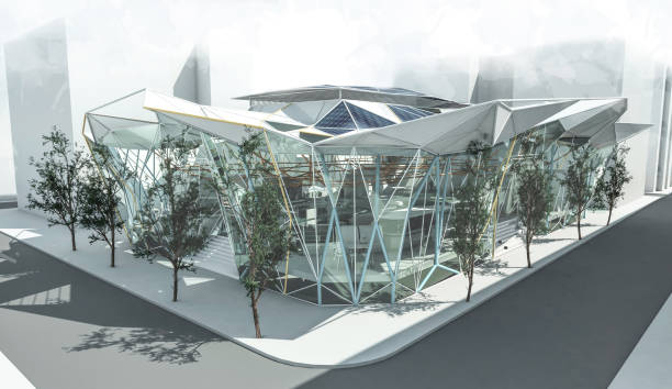 istock Architectural 3D Digital Perspective Render of refurbished contemporary market with a triangular roof and transparent glass facade. 1356459559