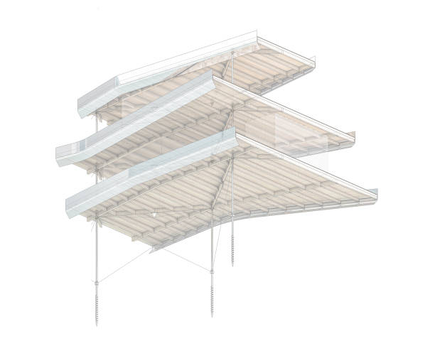 istock Architectural 3D Digital Construction Axonometric Drawing of wood structure including timber beams, timber slabs, steel columns, and metallic railings. Three elevated sustainable paths. 1356459576