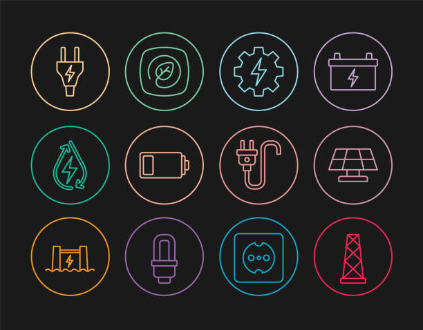 ilustrações, clipart, desenhos animados e ícones de definir antena de linha, painel de energia solar, engrenagem e relâmpago, bateria, água, plugue elétrico e localização com ícone de folha. vetor - drop solar panel symbol leaf