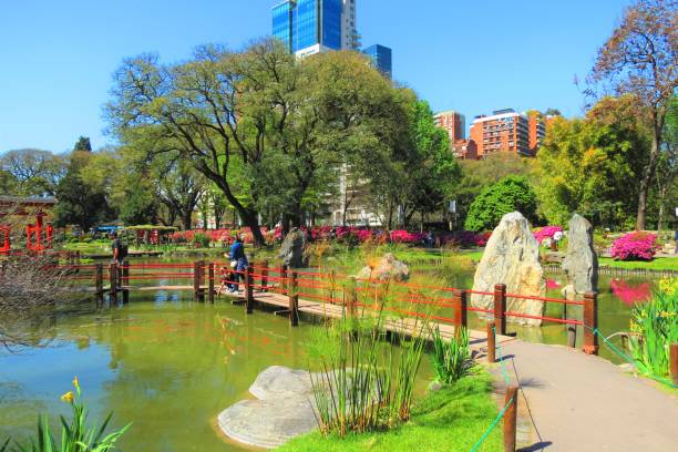 Buenos Aires, Argentina - September 25, 2019.Public park in Palermo district in Buenos Aires city. People on the Zig Zag Bridge at the public park. Japanese Garden in capital city.