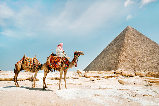 A tourist views the Pyramids of Giza from atop a camel in Cairo, Egypt
