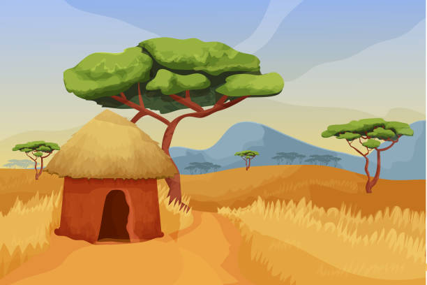 Savannah landscape, scenery with traditional hut, acacia trees, road, blue sky and mountains in cartoon style isolated on white background. African prairie, wild safari meadow. Vector illustration Savannah landscape, scenery with traditional hut, acacia trees, road, blue sky and mountains in cartoon style isolated on white background. African prairie, wild safari meadow. Vector illustration straw roof stock illustrations