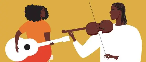 Vector illustration of African couple musicians, black history month, flat vector stock illustration of how creativity of people with black skin, violinist and guitarist or black couple playing music