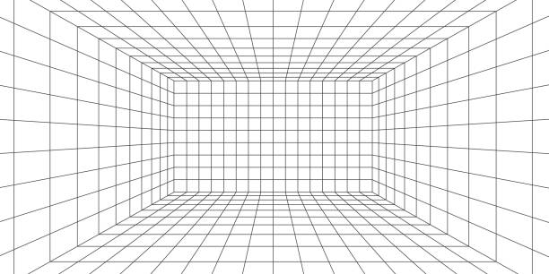 illustrations, cliparts, dessins animés et icônes de salle de grille filaire 3d. grille laser de perspective 3d 16 9. fond blanc du cyberespace avec maille noire. espace de couloir numérique futuriste en réalité virtuelle. illustration vectorielle - construction frame technology cube built structure