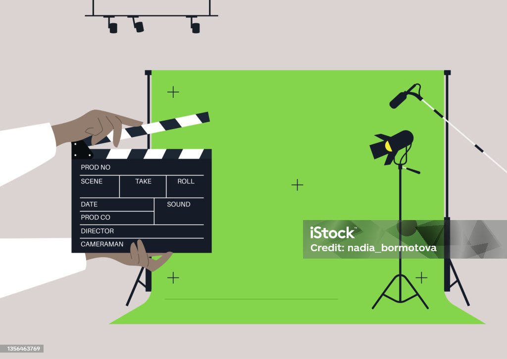 A movie set with a chroma key screen, lighting equipment, microphones, and a clapper board Filming stock vector