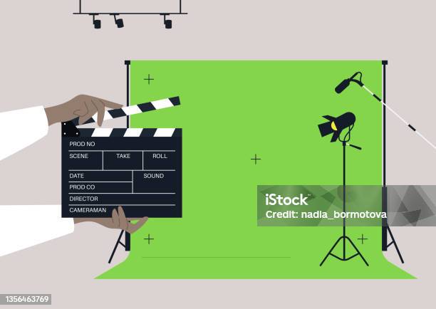 A Movie Set With A Chroma Key Screen Lighting Equipment Microphones And A Clapper Board Stock Illustration - Download Image Now