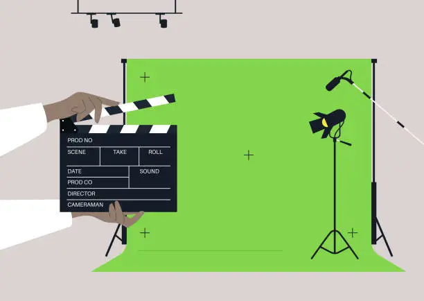 Vector illustration of A movie set with a chroma key screen, lighting equipment, microphones, and a clapper board