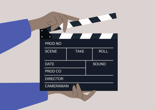 illustrations, cliparts, dessins animés et icônes de mains tenant un clapperboard, un dispositif utilisé dans la réalisation de films et la production vidéo pour aider à synchroniser l’image et le son - director film industry camera old fashioned