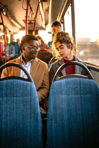 istock Morning bus ride with colleague to the work 1356465068