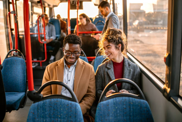 istock Morning bus ride with colleague to the work 1356465076