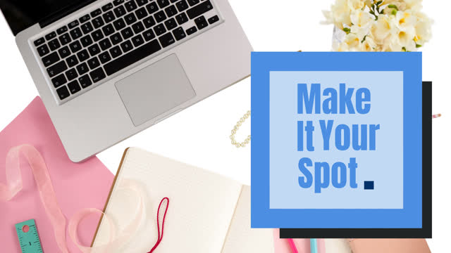 Animation of make it your spot text on memo note over laptop and office items on white background