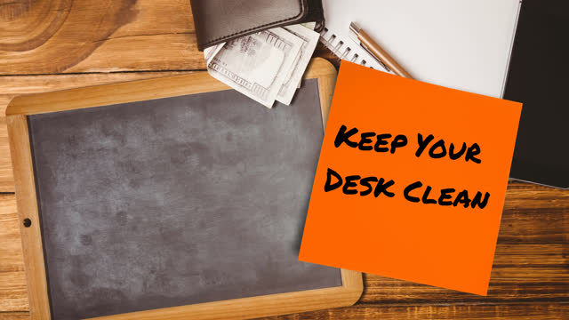 Animation of keep your desk clean text on memo note over chalkboard on desk