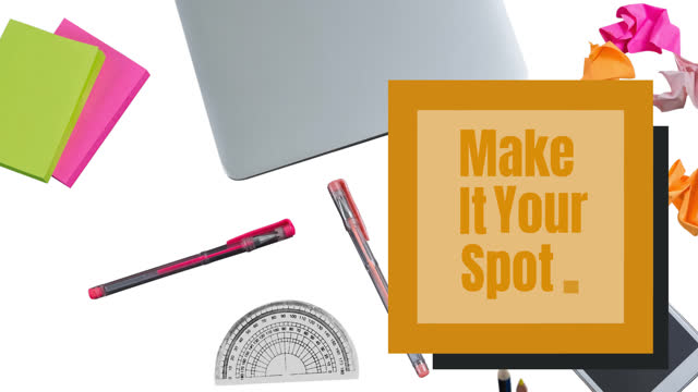 Animation of make it your spot text on memo note over office items on white background
