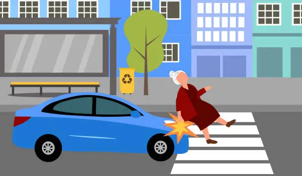 Vector illustration of Unlucky senior woman get accident by car crash while crossing the street at crosswalk in flat design.