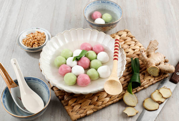 Ronde Tang Yuan Three Color Tang Yuan Wedang Ronde Jahe, Glutinous Rice Balls with Ginger and Palm Sugar Syrup. Popular as Tangyuan in Chinese Culture, Eat at Dongzhi Festival central java province photos stock pictures, royalty-free photos & images
