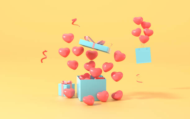 istock Gifts and balloons with yellow background, 3d rendering. 1356481476
