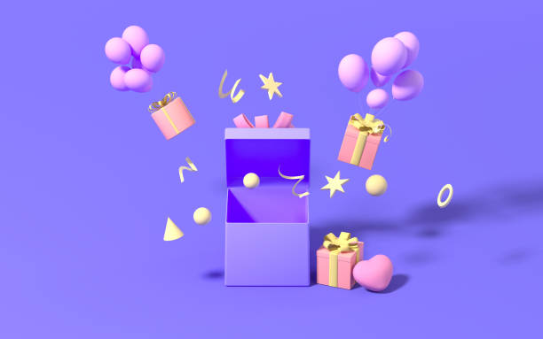 istock Open gifts and balloons with purple background, 3d rendering. 1356481484
