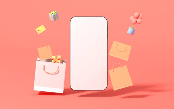 istock Empty phone and shopping bags with pink background, 3d rendering. 1356481488