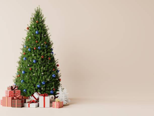 christmas tree and new year cream color background. - gift gold box white imagens e fotografias de stock