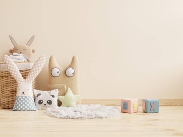 maketa stěny v dětském pokoji s krémovou barvou designu pokoje. - hrací místnost místnost fotky - stock snímky, obrázky a fotky