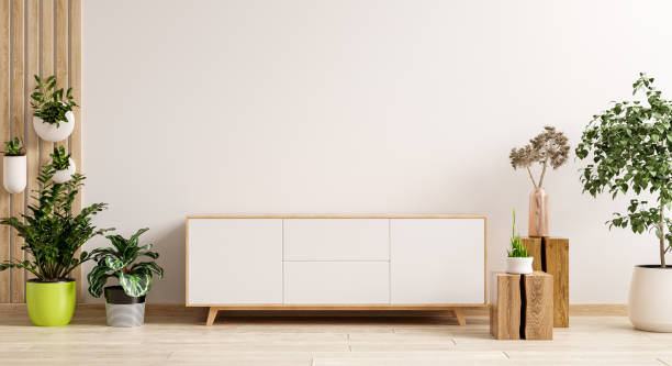 Modern interior with cabinet for tv on white color wall background.