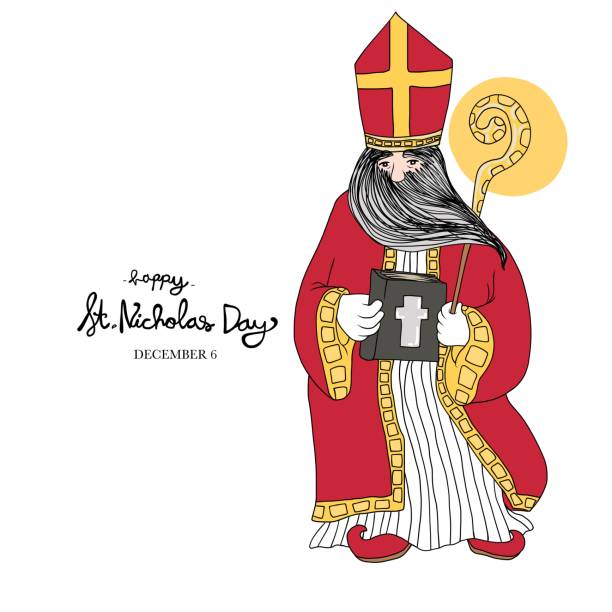 ilustrações de stock, clip art, desenhos animados e ícones de happy saint nicholas day line art vector illustration - christmas gift christianity isolated objects