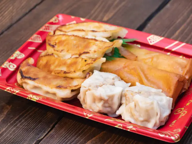 Japanese dumplings, shumai and egg roll. Side dishes sold at supermarkets.