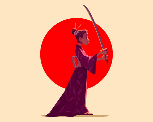 istock Japanese geisha wear kimono holding samurai sword 1356493177