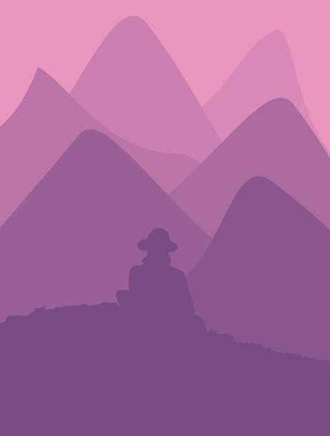 美しい山を望む丘の上に座っている男のベクトルイラスト。山の日の出と日没。 - horizon over land tree sunset hill点のイラ��スト素材／クリップアート素材／マンガ素材／アイコン素材