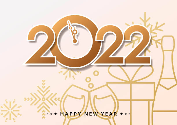2022 New Year’s Eve Countdown Join the countdown party on the New Year's Eve of 2022 with clock and 2022 on the gold colored symbolic background including outline of gift box, wine bottle, wineglass, snowflake and firework annual dinner stock illustrations