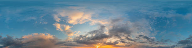 istock Dark blue sunset sky panorama with Cirrus clouds. Seamless hdr pano in spherical equirectangular format. Complete zenith for 3D visualization, game and sky replacement for aerial drone 360 panoramas 1356495155