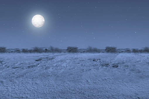 Snowfield with full moon at night